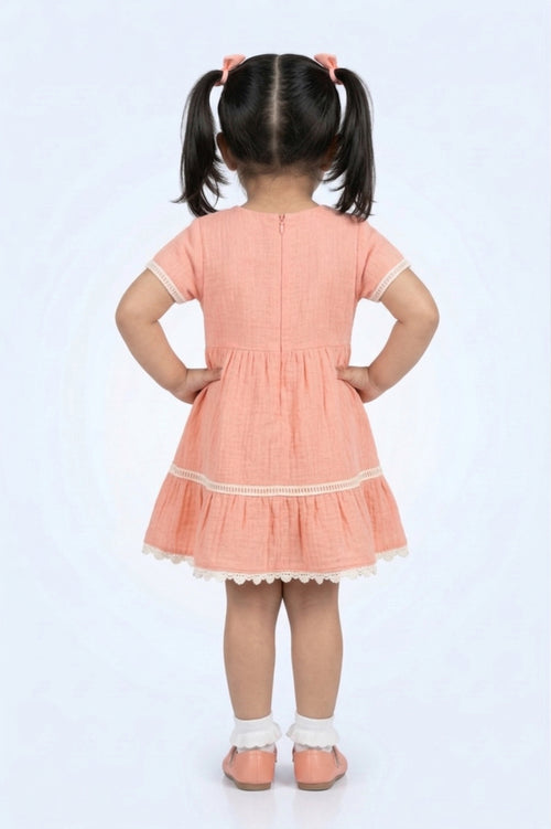 Peach Cotton Dress with Lace Trim & Button Detail TSM30730