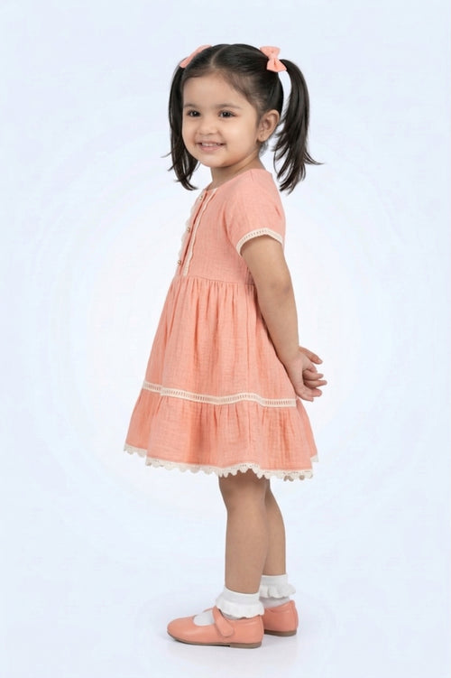 Peach Cotton Dress with Lace Trim & Button Detail TSM30730