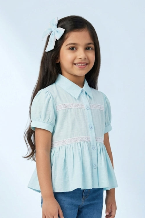 Light Blue Cotton Peplum Shirt with Lace Detail TG6379