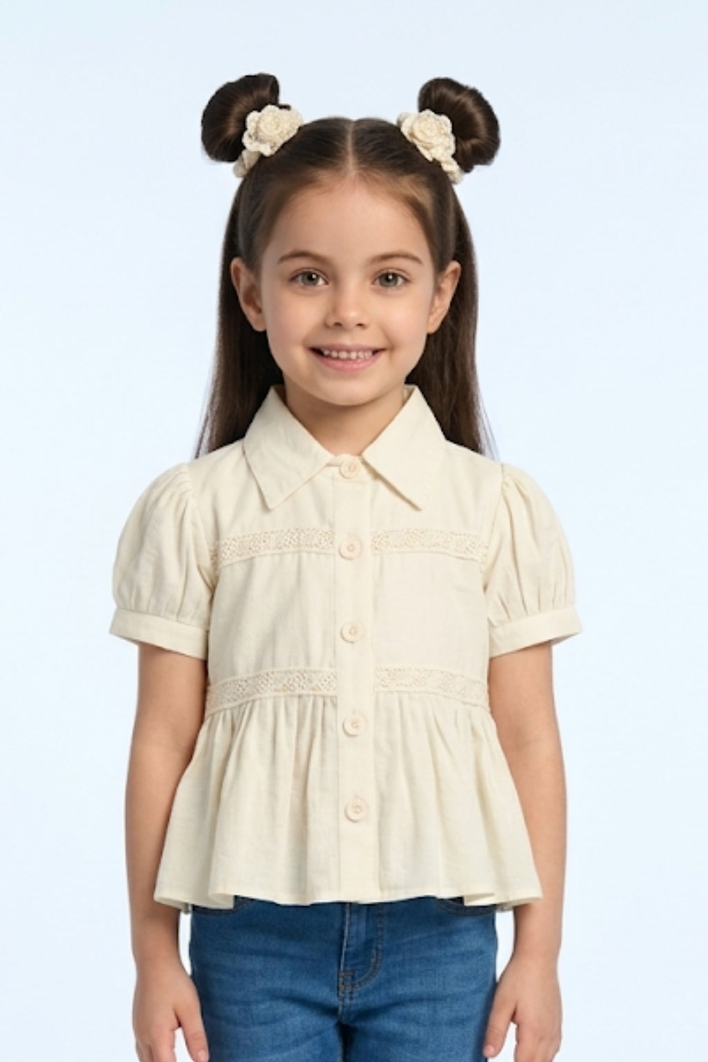 Cream Button-Down Peplum Top with Puff Sleeves TG6379