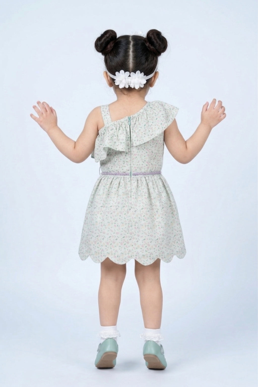 Girls Mint Floral One-Shoulder Ruffle Dress TSM30405