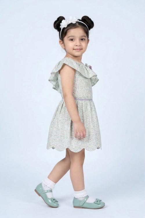 Girls Mint Floral One-Shoulder Ruffle Dress TSM30405
