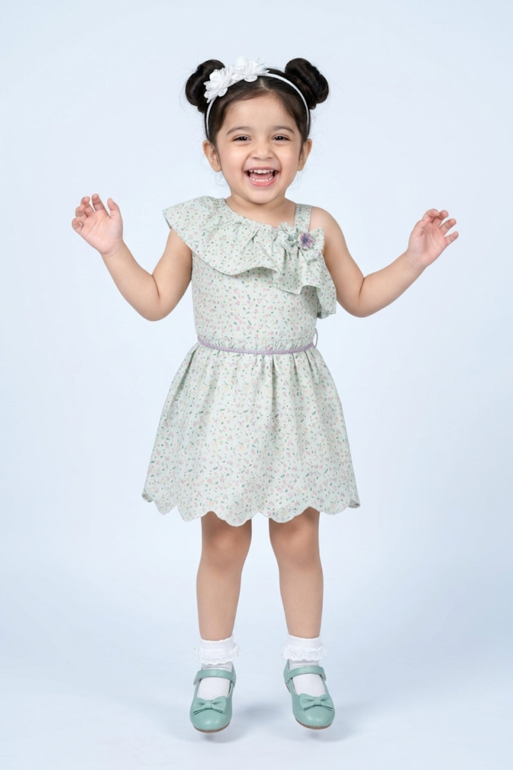 Girls Mint Floral One-Shoulder Ruffle Dress TSM30405