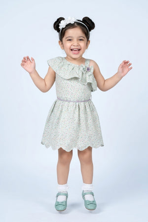Girls Mint Floral One-Shoulder Ruffle Dress TSM30405