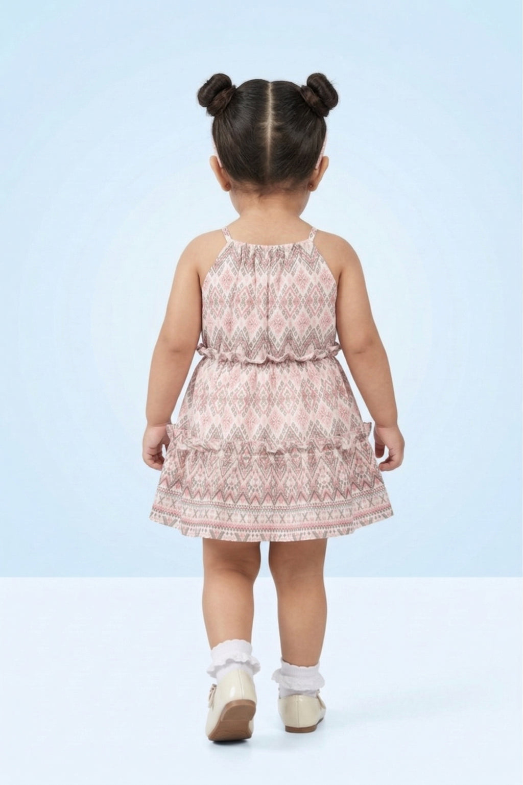 Girls White Geometric Print Halter Dress TSM30443