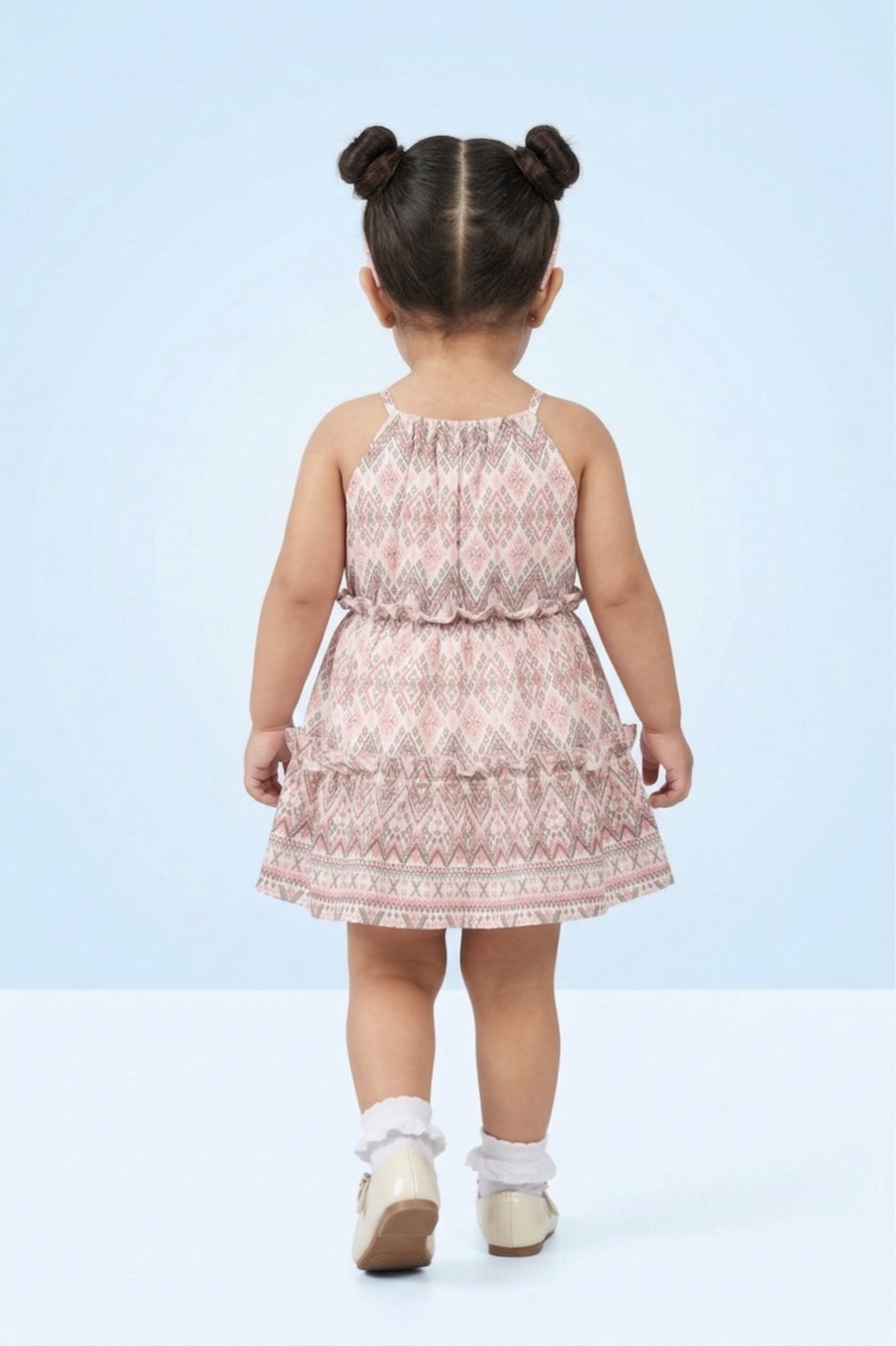 Girls White Geometric Print Halter Dress TSM30443