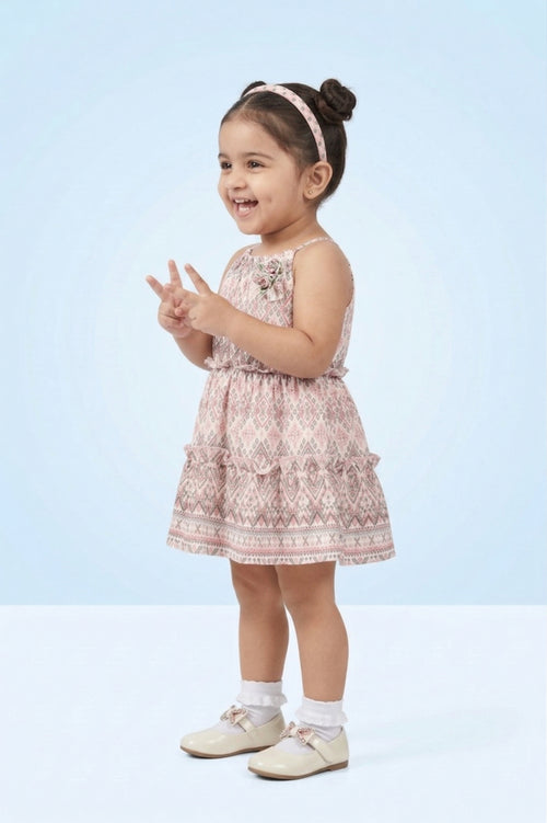 Girls White Geometric Print Halter Dress TSM30443