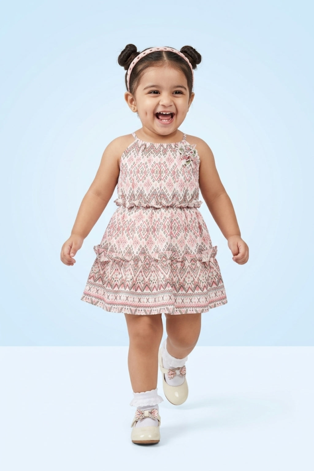 Girls White Geometric Print Halter Dress TSM30443
