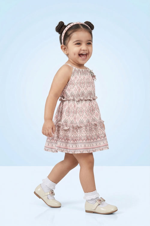 Girls White Geometric Print Halter Dress TSM30443