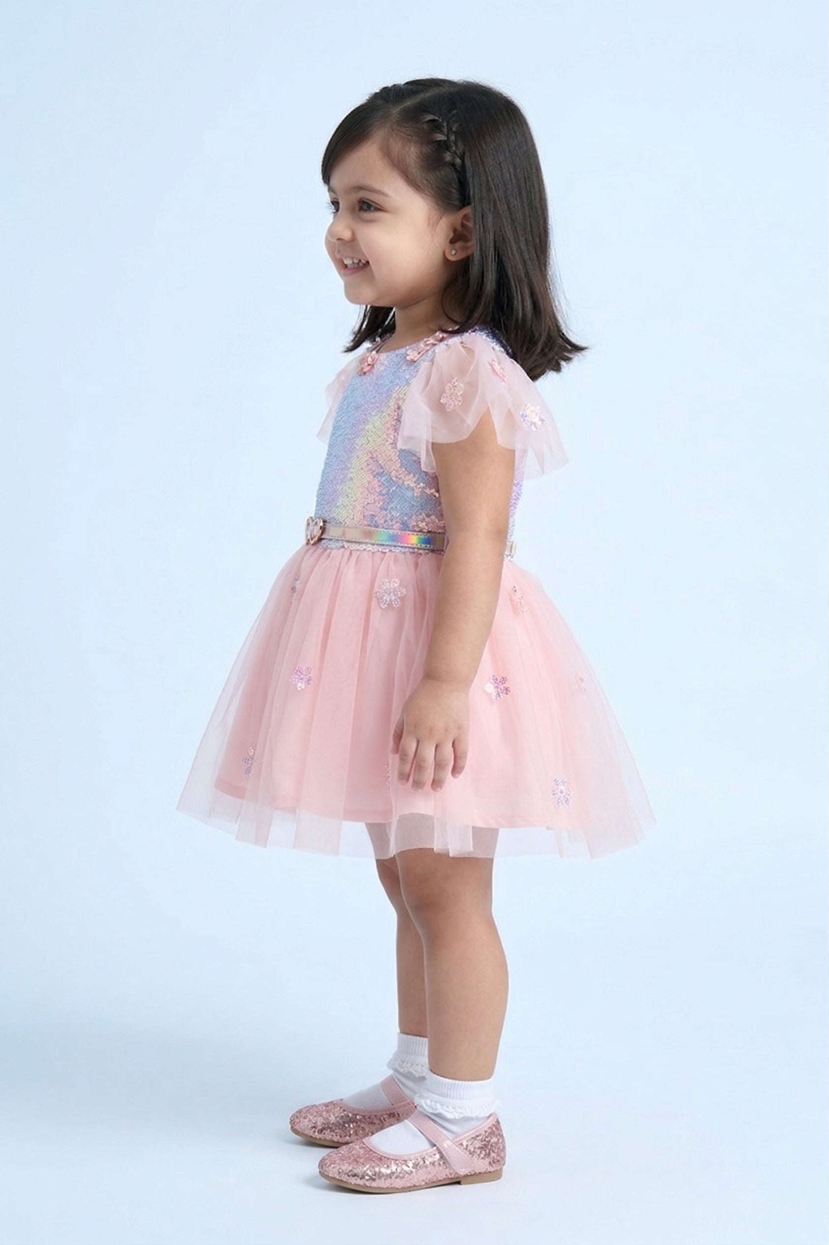 Girls Peach Sequin Tulle Party Frock with Heart Belt TSF10002