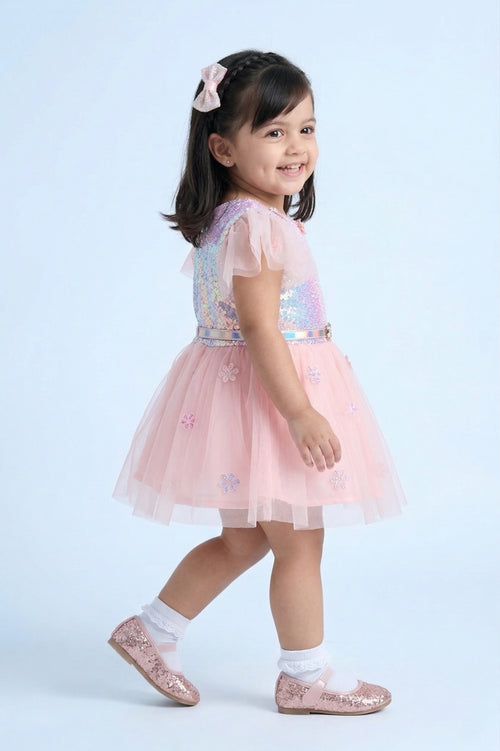 Girls Peach Sequin Tulle Party Frock with Heart Belt TSF10002