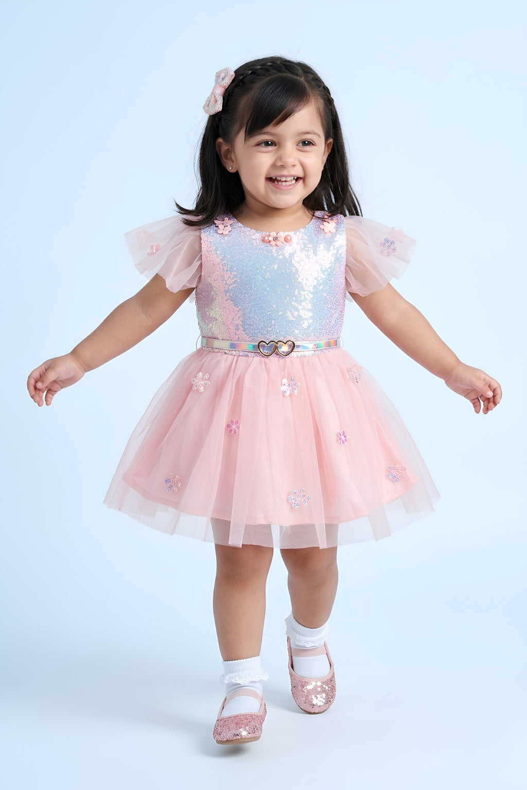 Girls Peach Sequin Tulle Party Frock with Heart Belt TSF10002