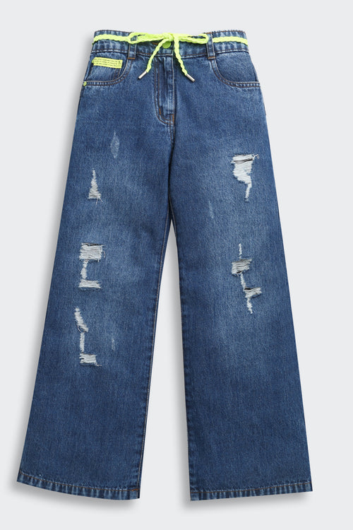 Neon Tie Distressed Wide-Leg Jeans 1639