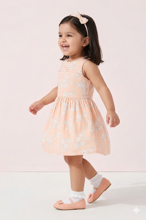 Soft Peach Floral Cotton Dress F548