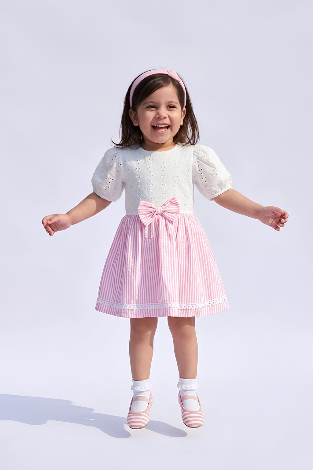 Pink Striped Bow Detail Cotton Dress TSF10048