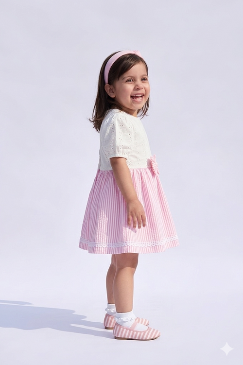 Pink Striped Bow Detail Cotton Dress TSF10048