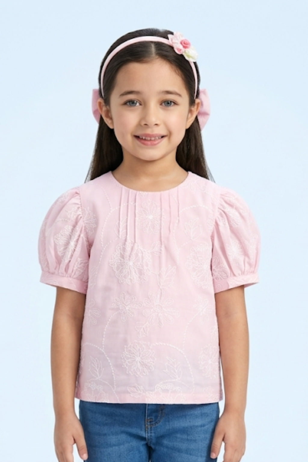 Pink Floral Embroidered Cotton Top with Puff Sleeves TG6375