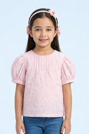 Pink Floral Embroidered Cotton Top with Puff Sleeves TG6375