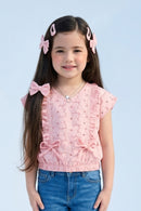 Pink Eyelet Cotton Top with Ruffle Detail & Bow Accents TG6369