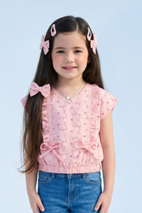 Pink Eyelet Cotton Top with Ruffle Detail & Bow Accents TG6369