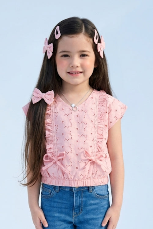 Pink Eyelet Cotton Top with Ruffle Detail & Bow Accents TG6369