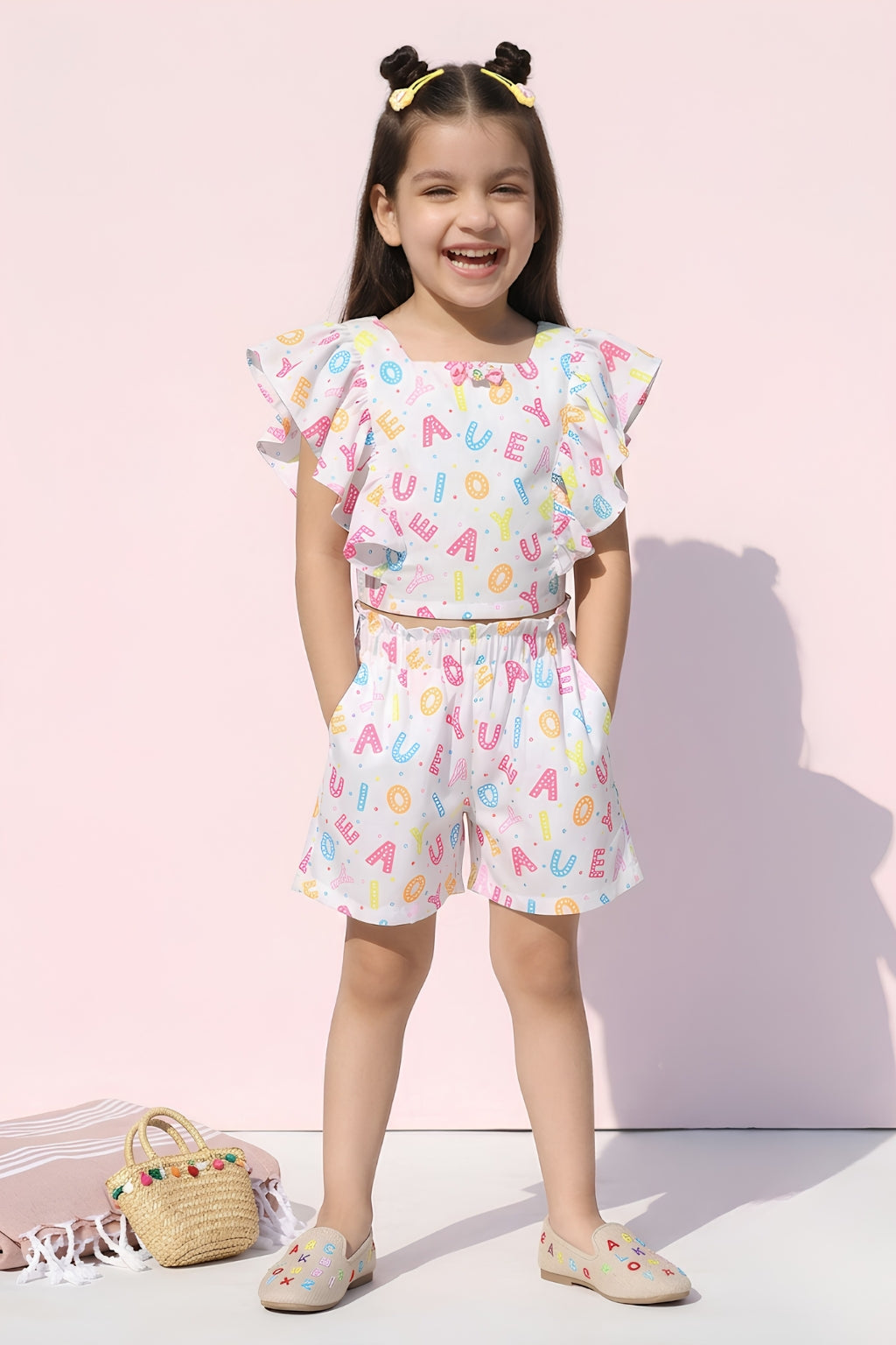 Alphabet Print Ruffle Top & Shorts Set TSSET40389