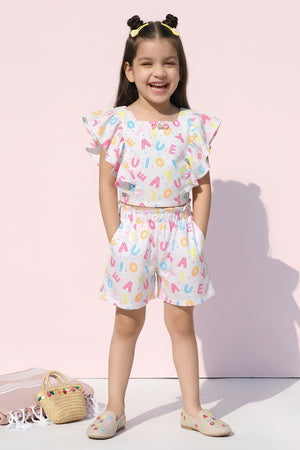 Alphabet Print Ruffle Top & Shorts Set TSSET40389