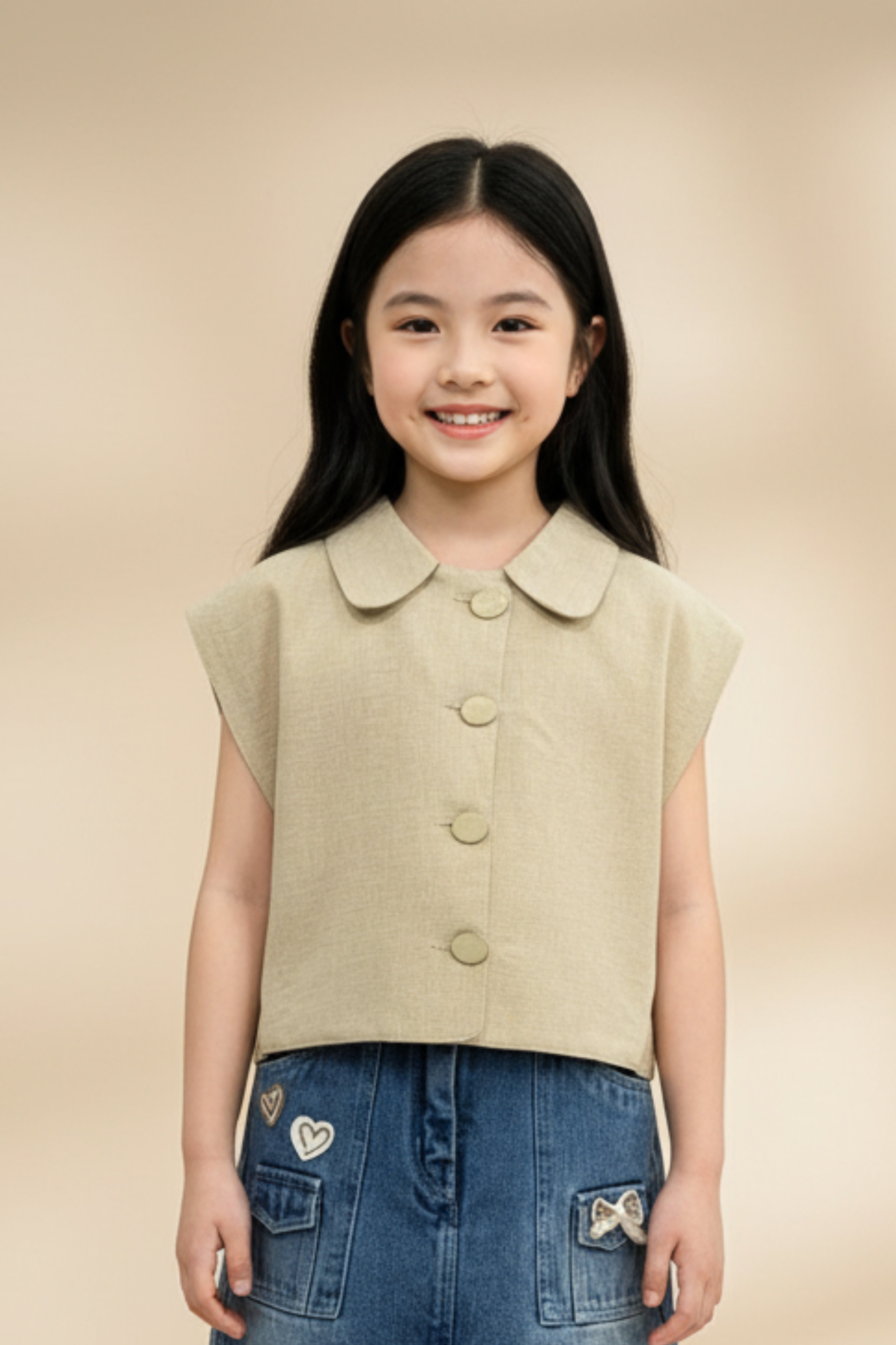 Beige Sleeveless Casual Shirt TG6544
