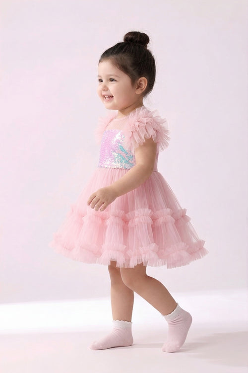 Peach Sequin Tulle Party Frock TSF10066