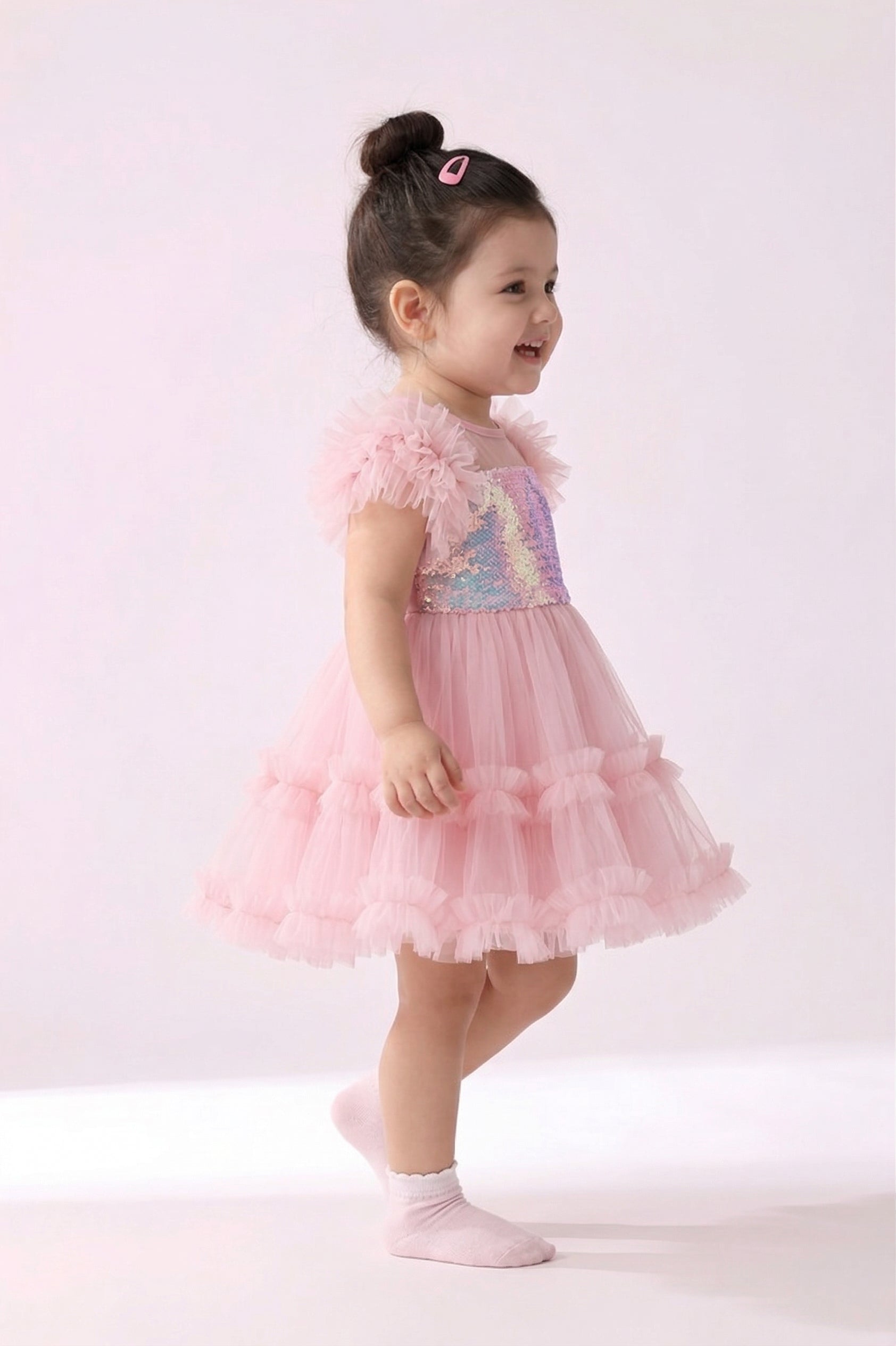 Peach Sequin Tulle Party Frock TSF10066