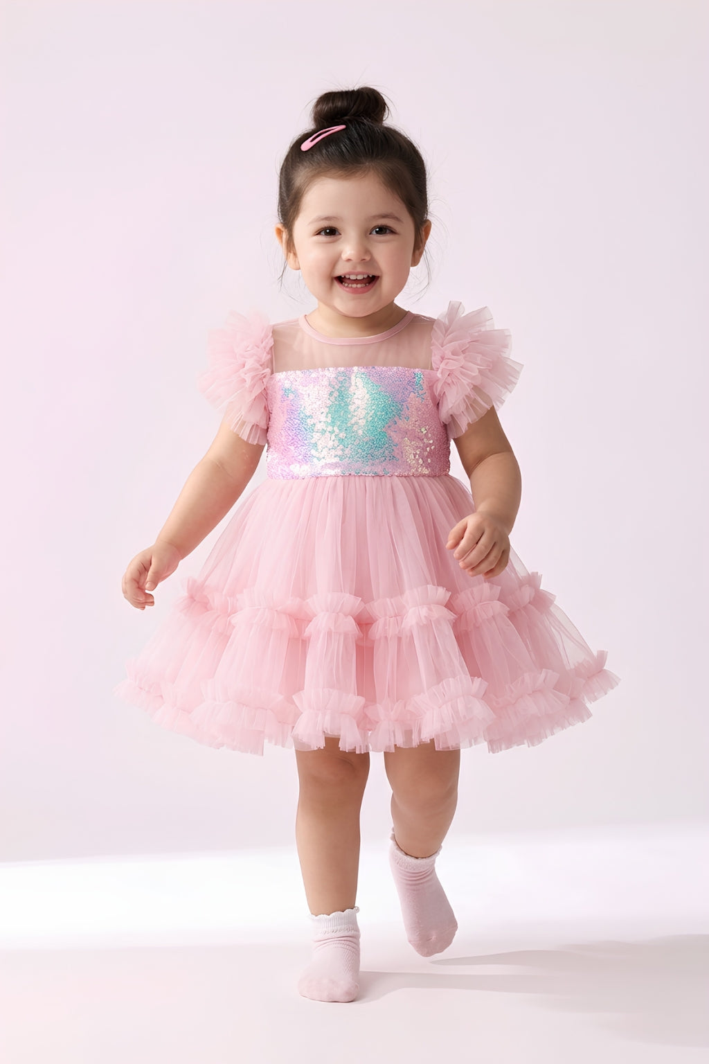 Peach Sequin Tulle Party Frock TSF10066