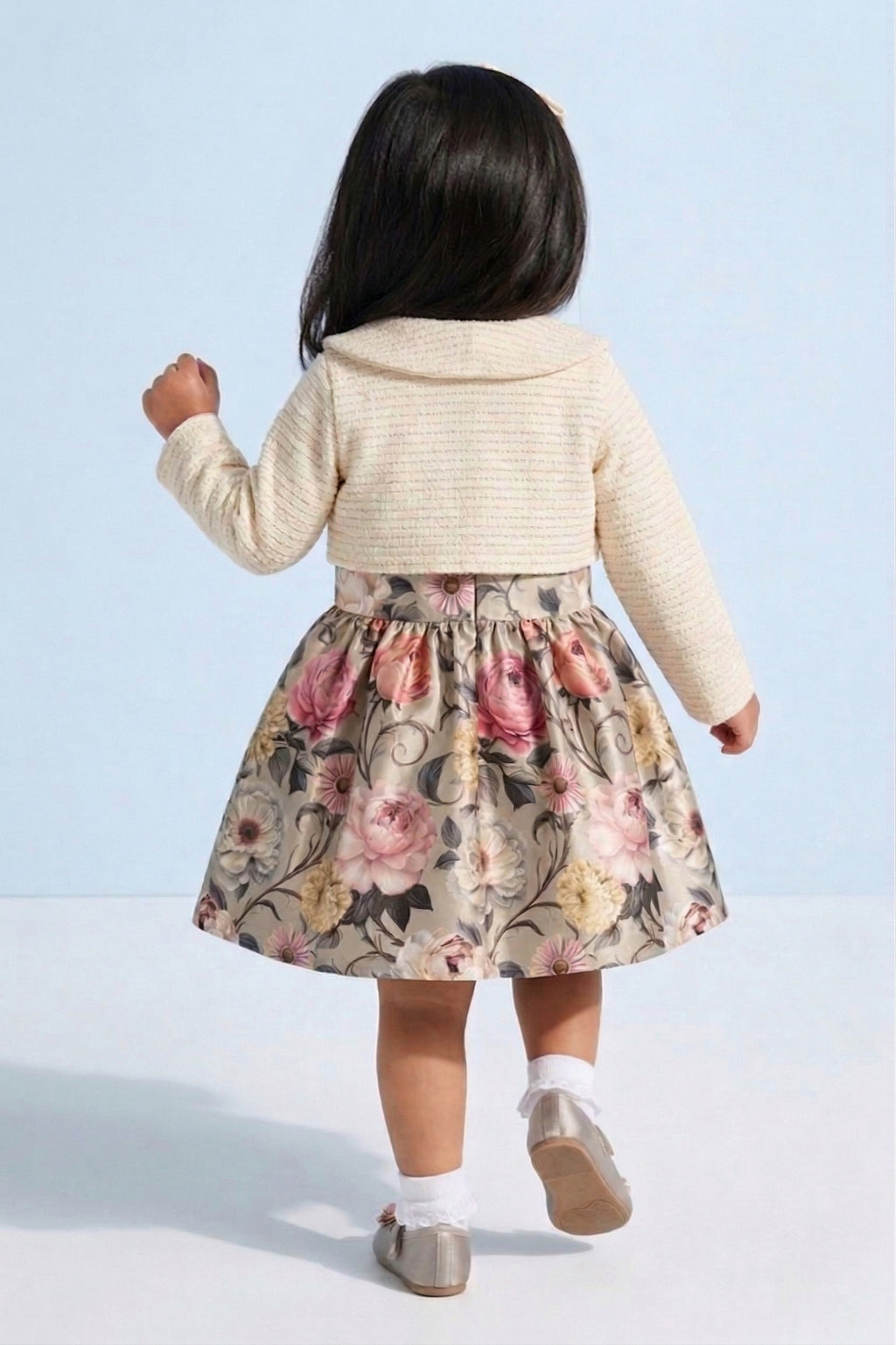 Girls Floral Satin Frock with Cream Knit Shrug TSF10098