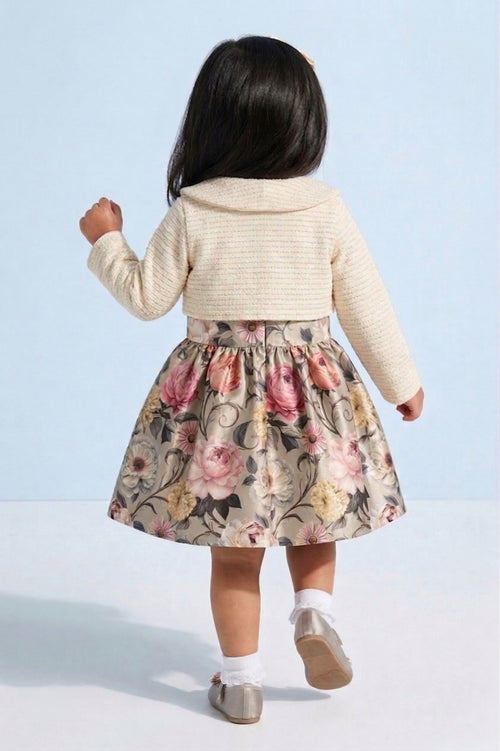 Girls Floral Satin Frock with Cream Knit Shrug TSF10098
