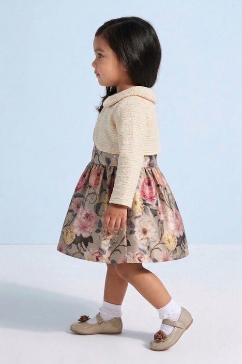 Girls Floral Satin Frock with Cream Knit Shrug TSF10098