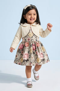 Girls Floral Satin Frock with Cream Knit Shrug TSF10098