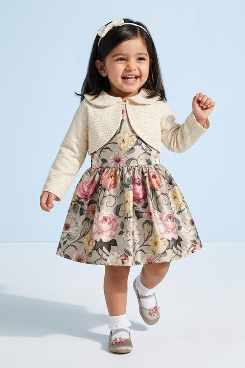 Girls Floral Satin Frock with Cream Knit Shrug TSF10098