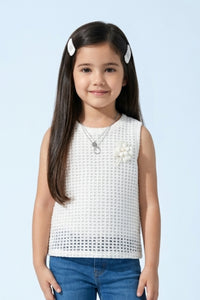 White Textured Sleeveless Top with Floral Applique TG6367