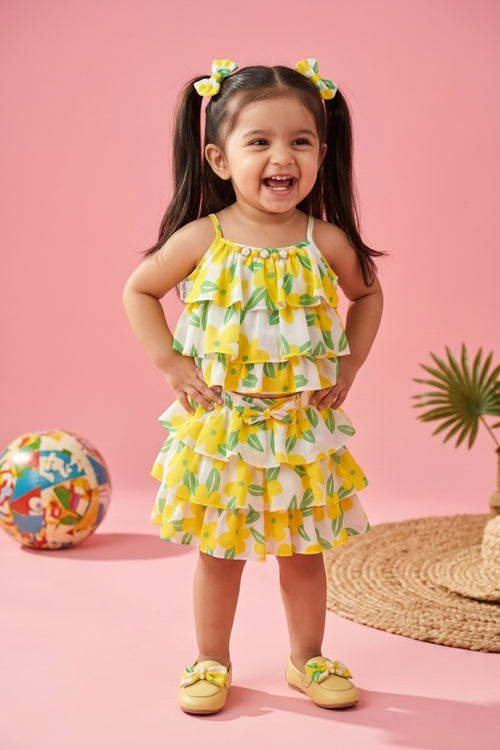 Lemon Print Tiered Ruffle Top & Skirt Set TSSET40388