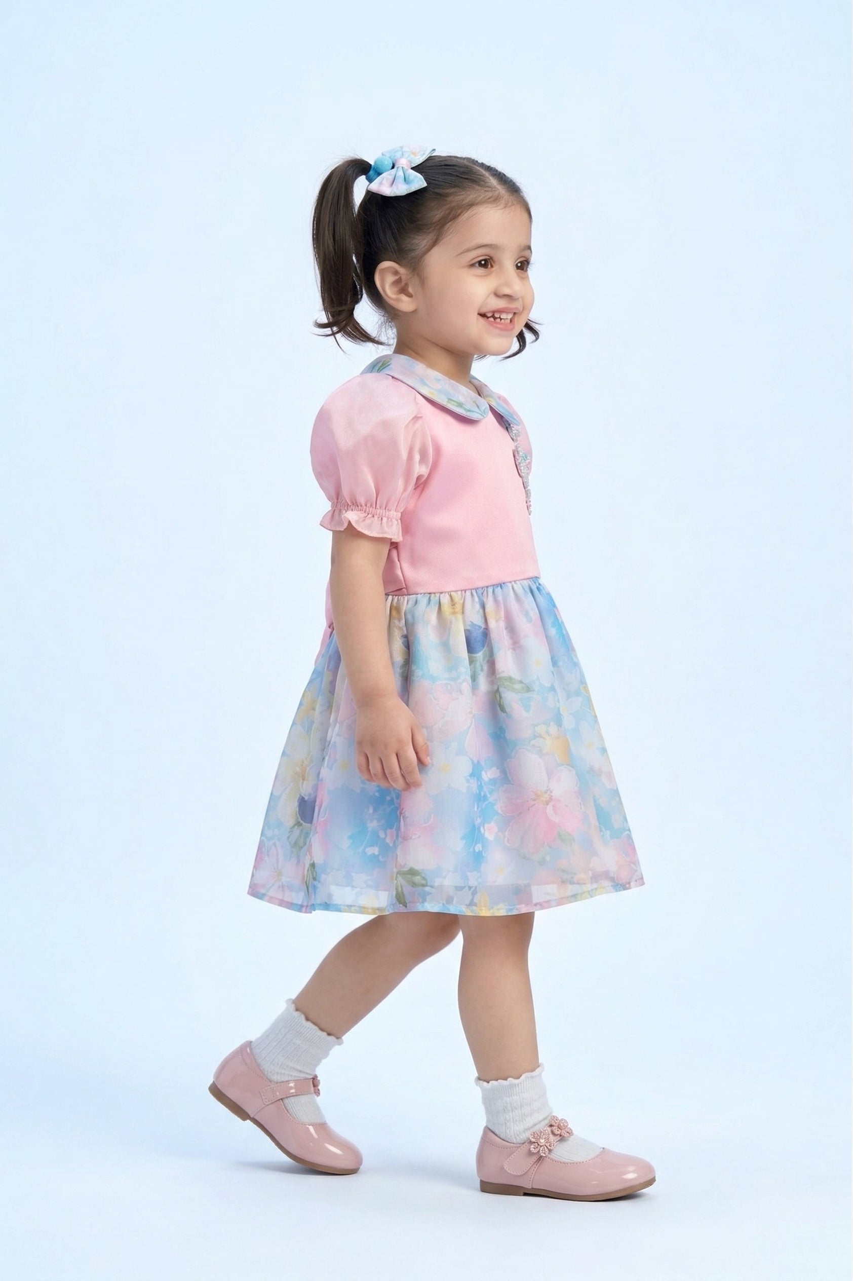 Pink & Blue Floral Peter Pan Collar Dress TSF10083