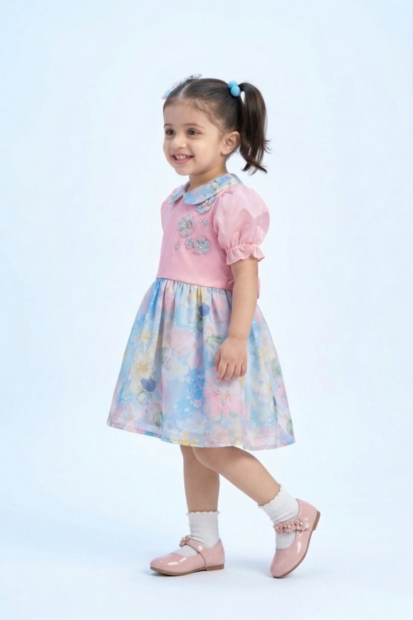 Pink & Blue Floral Peter Pan Collar Dress TSF10083