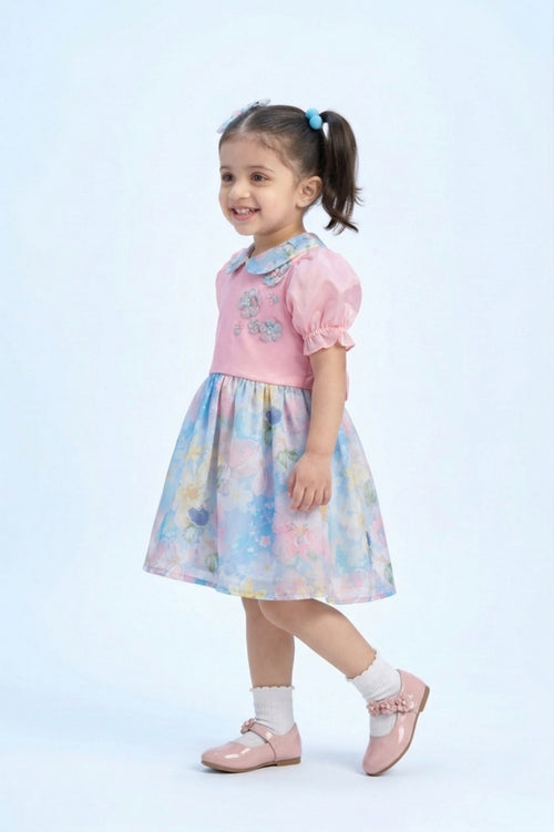 Pink & Blue Floral Peter Pan Collar Dress TSF10083