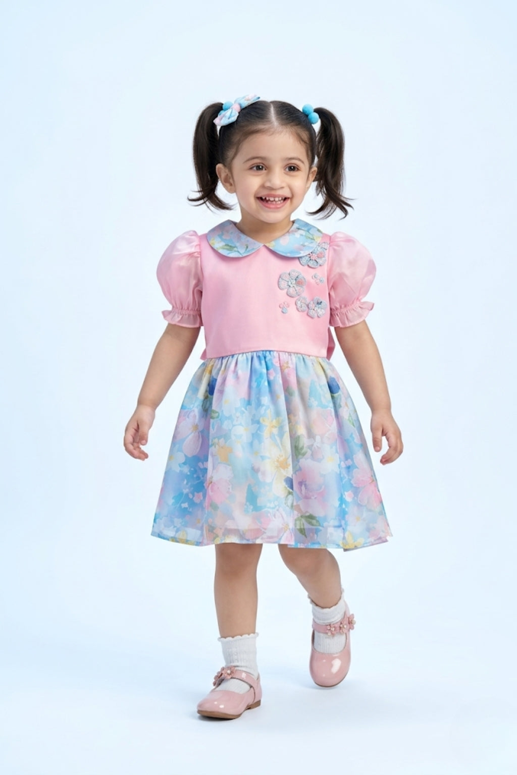 Pink & Blue Floral Peter Pan Collar Dress TSF10083
