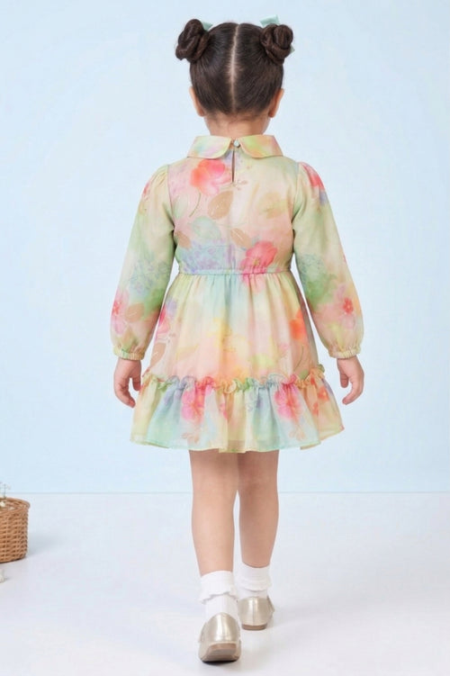 Girls Peach Floral Full Sleeves Shirt Frock TSF10086