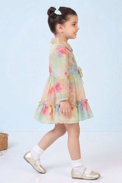 Girls Peach Floral Full Sleeves Shirt Frock TSF10086