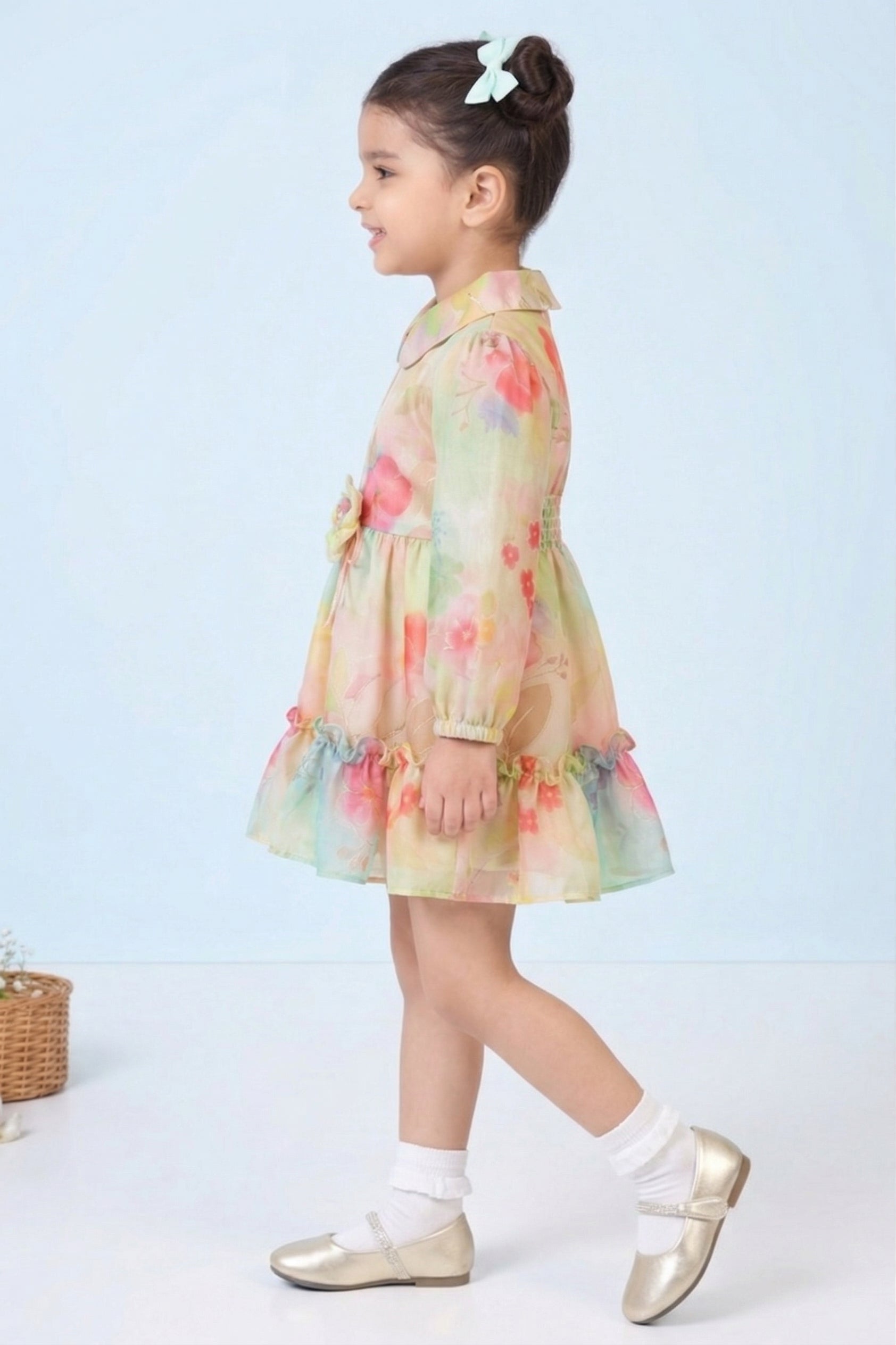 Girls Peach Floral Full Sleeves Shirt Frock TSF10086