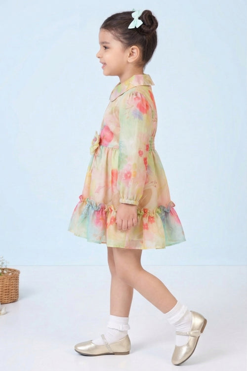 Girls Peach Floral Full Sleeves Shirt Frock TSF10086