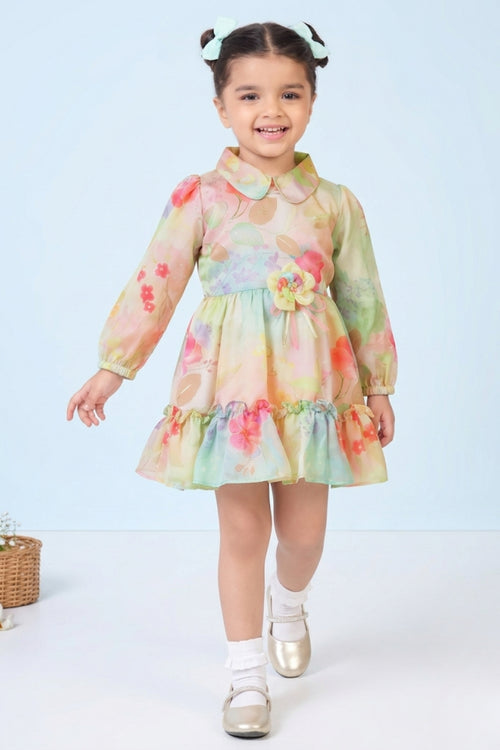 Girls Peach Floral Full Sleeves Shirt Frock TSF10086