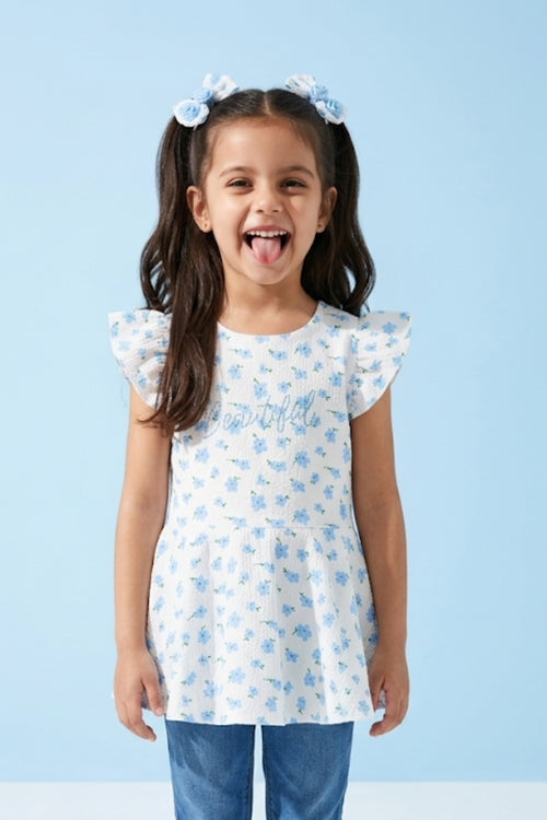 Girls Blue Floral Printed Peplum Top with Ruffle Sleeves TG6358