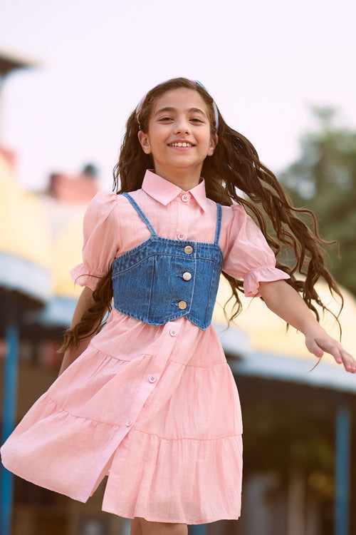 Peach Collared Dress with Denim Corset Style M2383