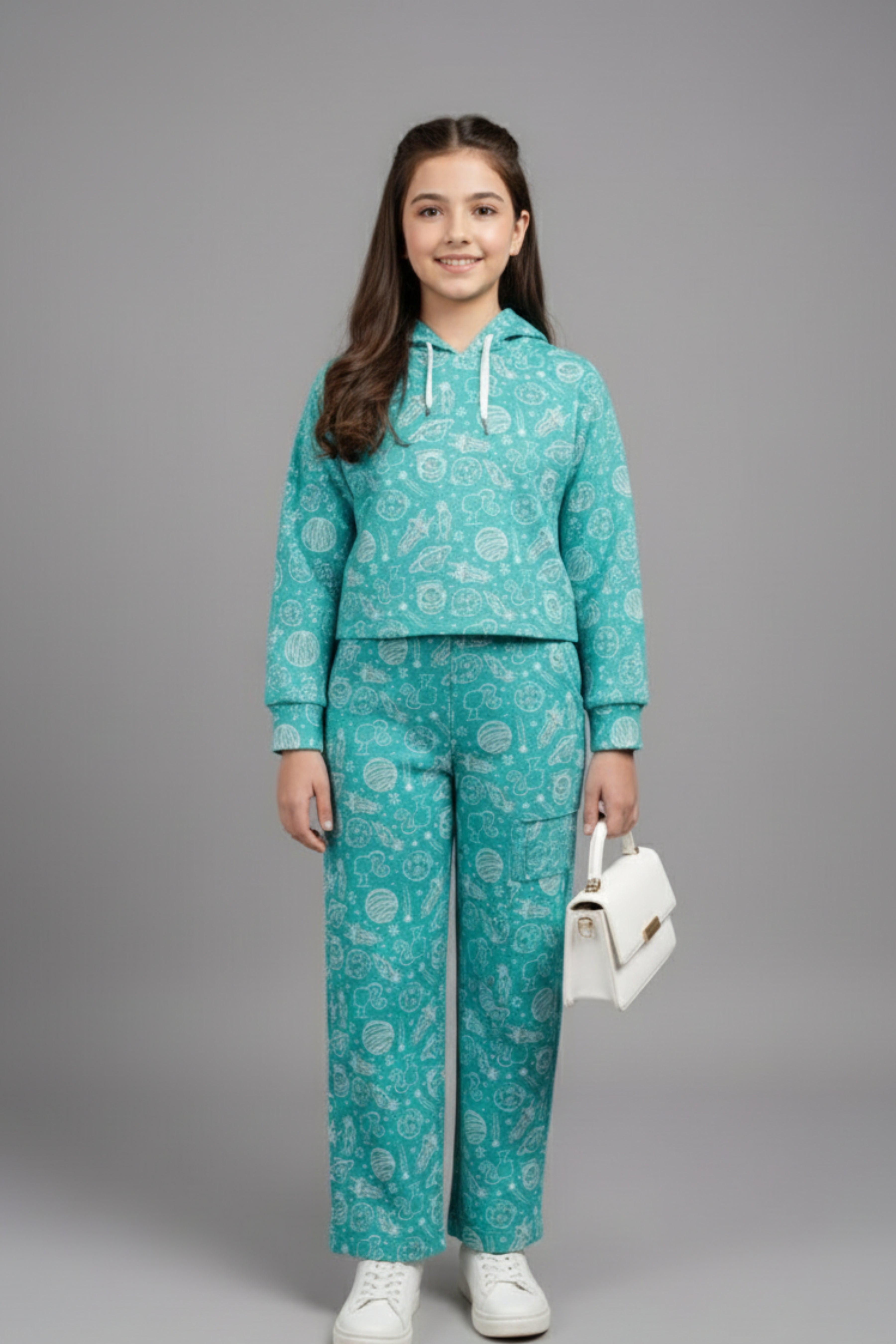 Barbie Sea Green Printed Hoodie & Cargo Pants Set for Girls